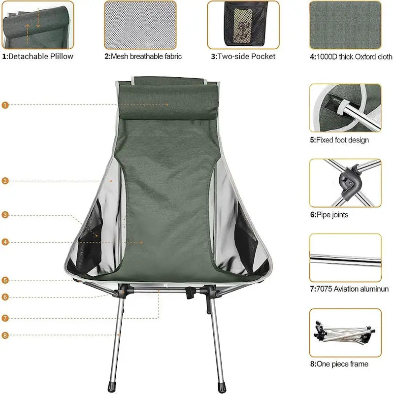 Chaise de camping, chaise pliable à dossier haut, compacte et robuste avec oreiller appui-tête, idéale pour les activités de plein air, la randonnée et les voyages.