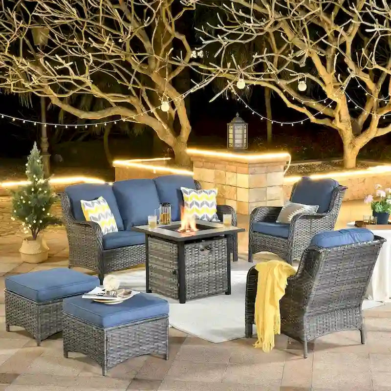 Ensemble de mobilier de patio OVIOS en résine tressée grise, 6 pièces, avec foyer extérieur de 30 pouces.