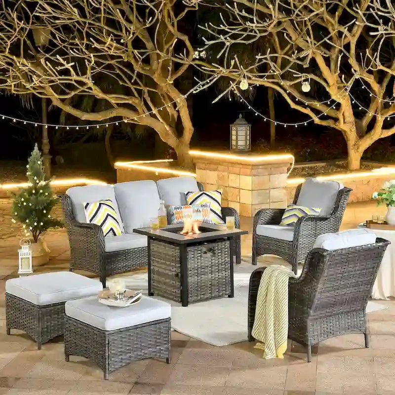 Ensemble de mobilier de patio OVIOS en résine tressée grise, 6 pièces, avec foyer extérieur de 30 pouces.