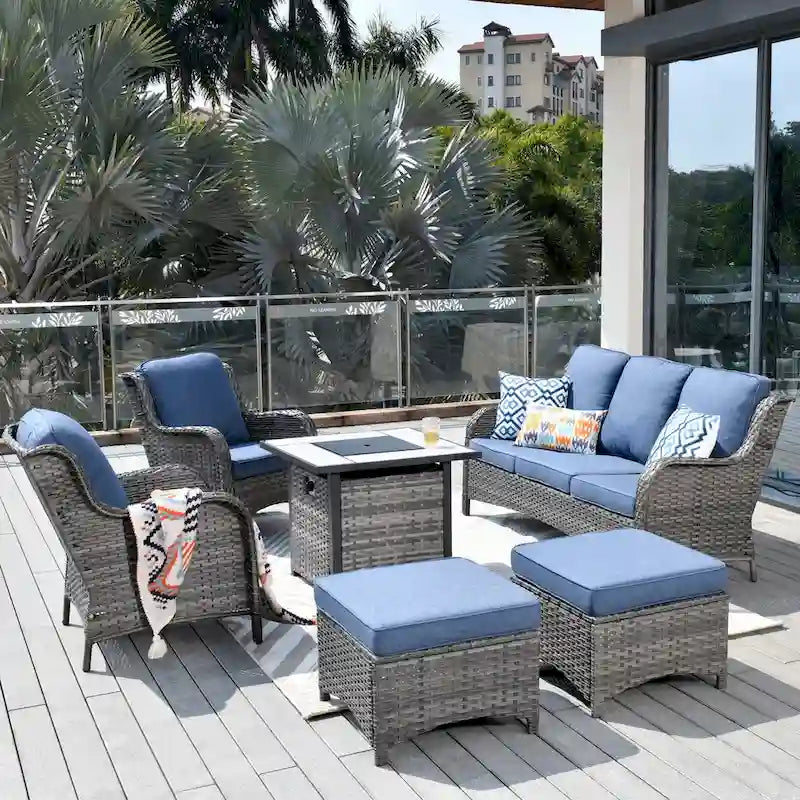 Ensemble de mobilier de patio OVIOS en résine tressée grise, 6 pièces, avec foyer extérieur de 30 pouces.