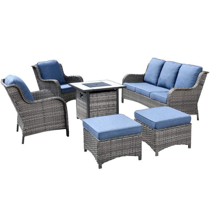 Ensemble de mobilier de patio OVIOS en résine tressée grise, 6 pièces, avec foyer extérieur de 30 pouces.