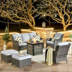 Ensemble de mobilier de patio OVIOS en résine tressée grise, 6 pièces, avec foyer extérieur de 30 pouces.