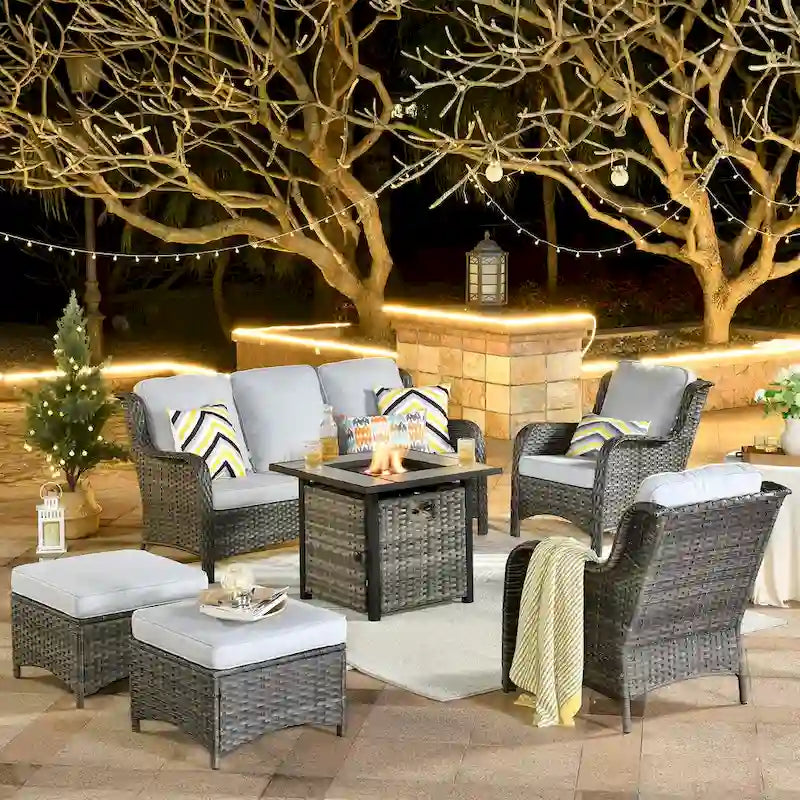 Ensemble de mobilier de patio OVIOS en résine tressée grise, 6 pièces, avec foyer extérieur de 30 pouces.