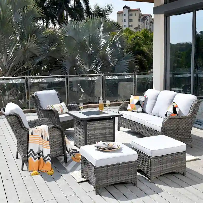 Ensemble de mobilier de patio OVIOS en résine tressée grise, 6 pièces, avec foyer extérieur de 30 pouces.