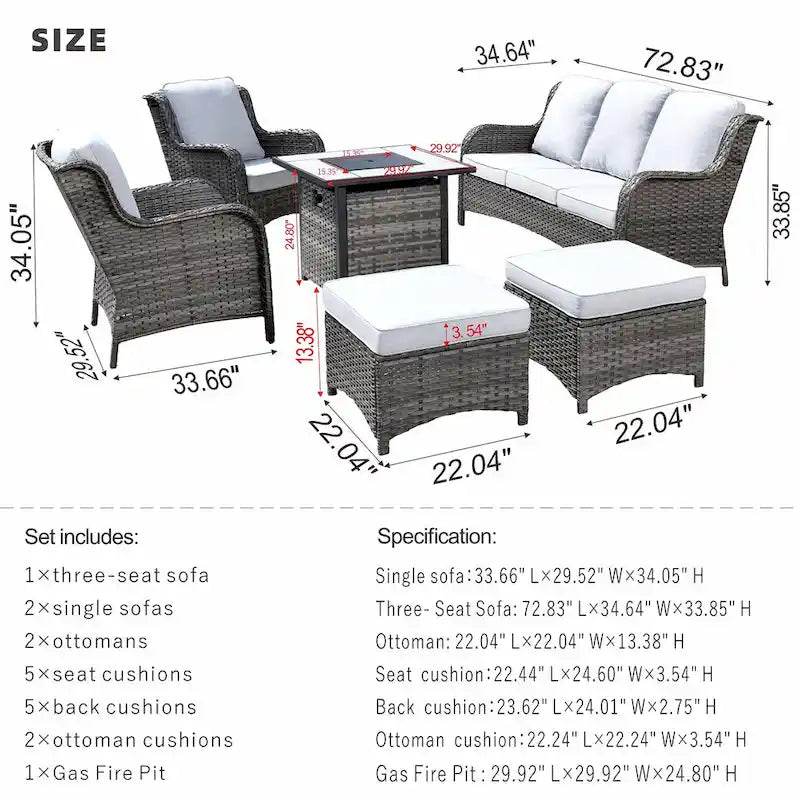 Ensemble de mobilier de patio OVIOS en résine tressée grise, 6 pièces, avec foyer extérieur de 30 pouces.