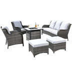 Ensemble de mobilier de patio OVIOS en résine tressée grise, 6 pièces, avec foyer extérieur de 30 pouces.