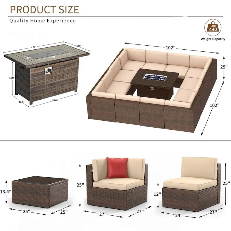 Ensemble de mobilier de patio 15 pièces avec table foyer de 50 000 BTU