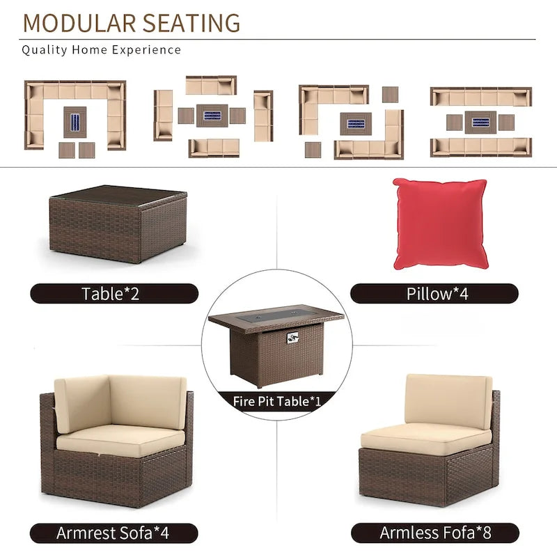Ensemble de mobilier de patio 15 pièces avec table foyer de 50 000 BTU