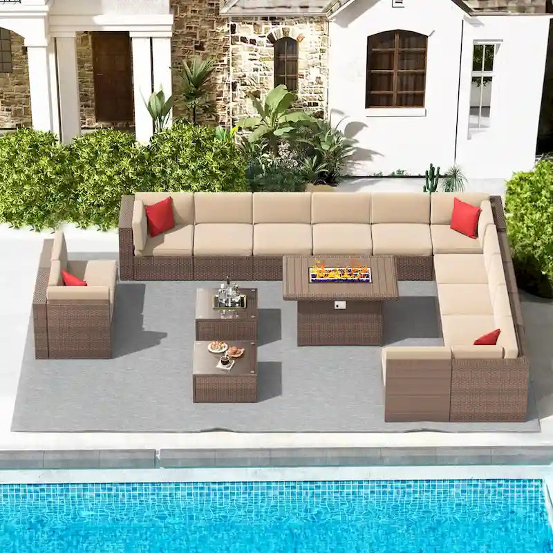 Ensemble de mobilier de patio 15 pièces avec table foyer de 50 000 BTU