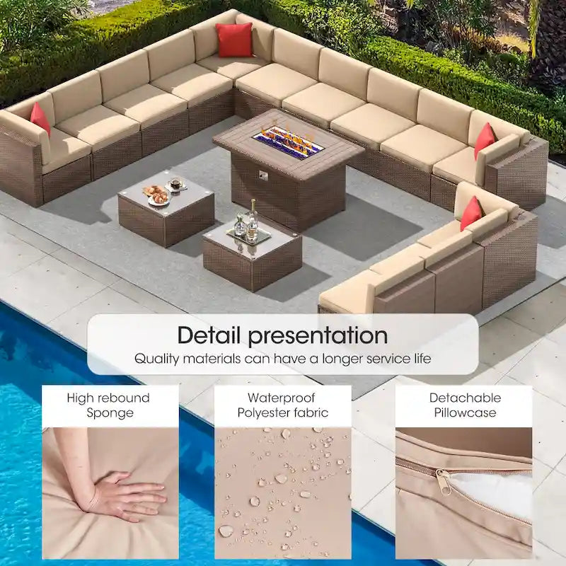 Ensemble de mobilier de patio 15 pièces avec table foyer de 50 000 BTU