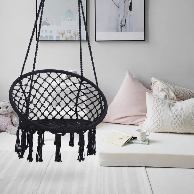 Hamac suspendu en corde de coton, capacité maximale de 150 kg, pour intérieur et extérieur.