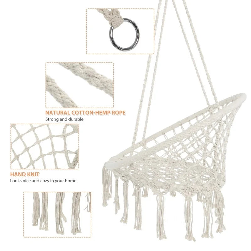 Hamac suspendu en corde de coton, capacité maximale de 150 kg, pour intérieur et extérieur.