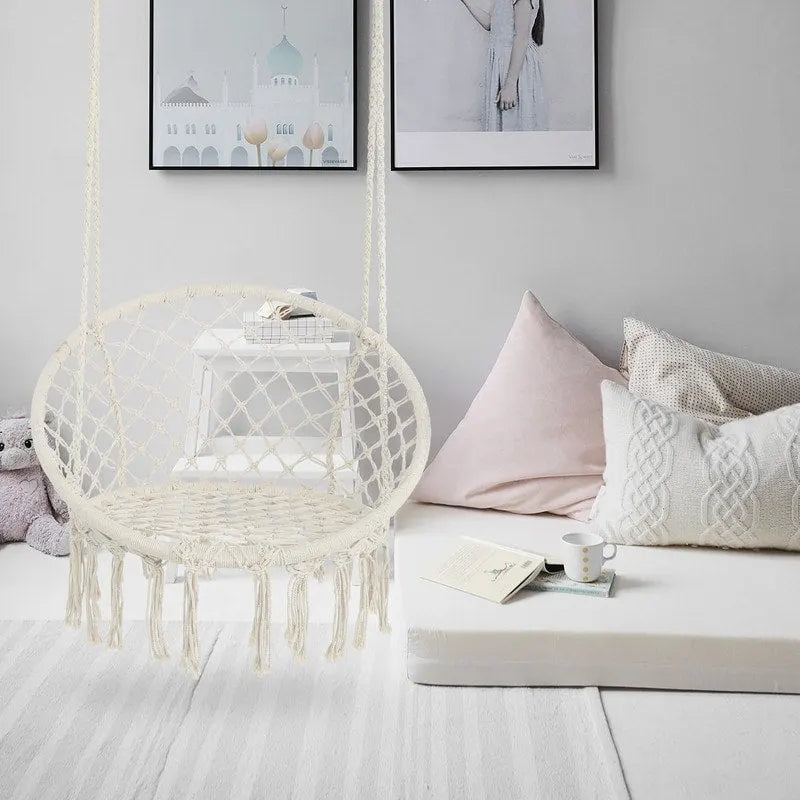 Hamac suspendu en corde de coton, capacité maximale de 150 kg, pour intérieur et extérieur.