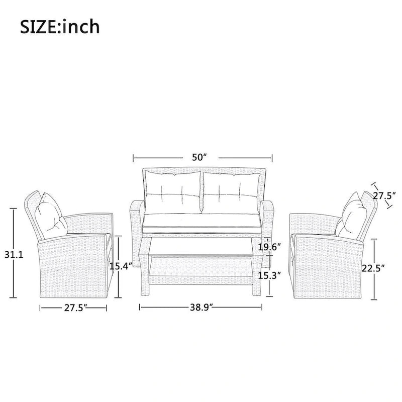 Ensemble de 4 pièces de mobilier de patio en osier avec sièges d'extérieur à dossier haut