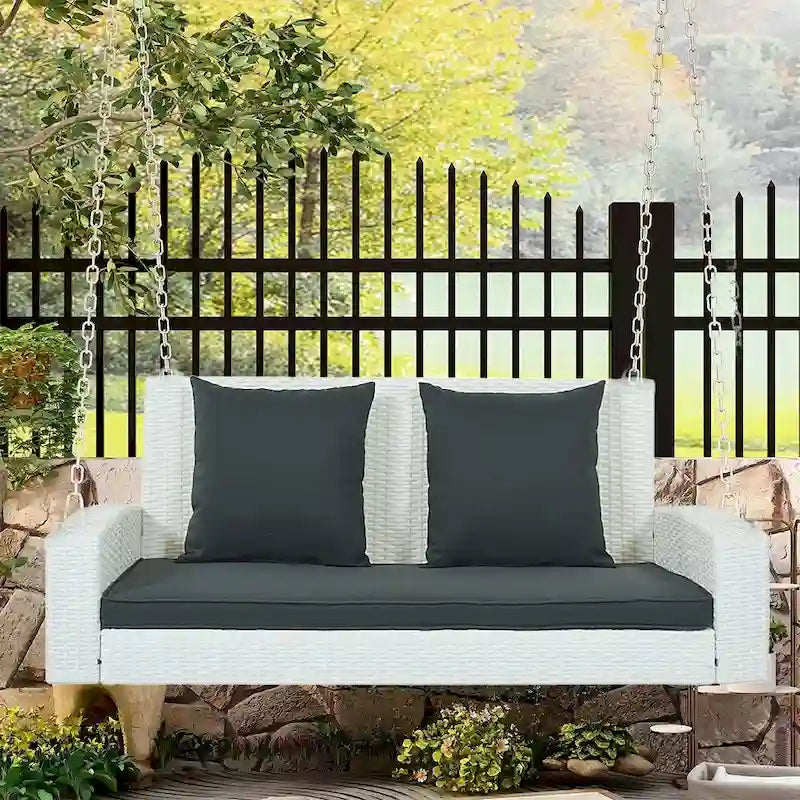 Balancelle d'extérieur 2 places en osier avec chaîne en acier et coussins - 50 cm (L) x 22,4 cm (l) x 20,5 cm (H)