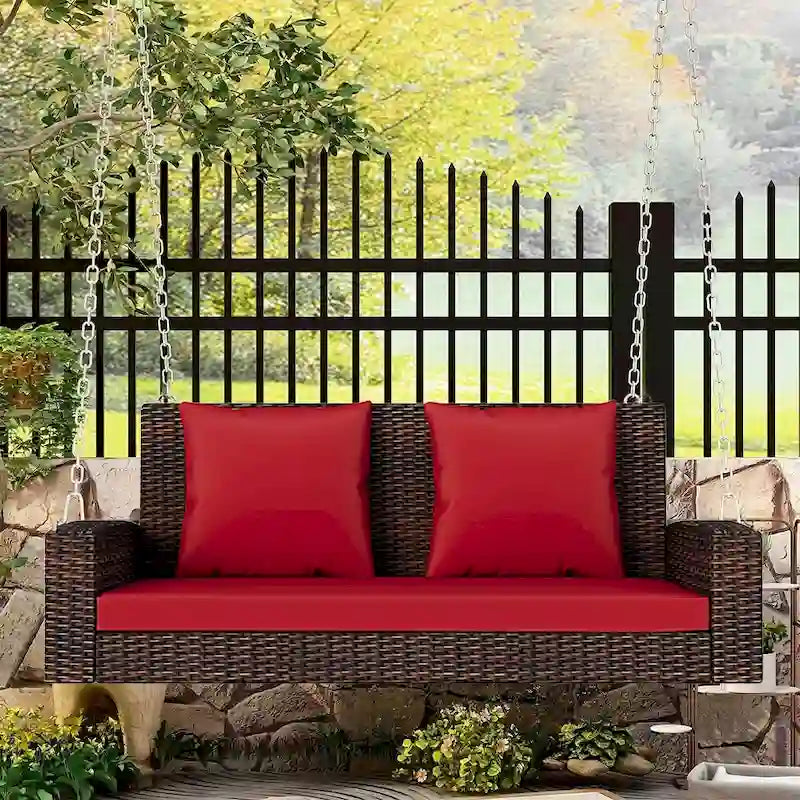 Balancelle d'extérieur 2 places en osier avec chaîne en acier et coussins - 50 cm (L) x 22,4 cm (l) x 20,5 cm (H)