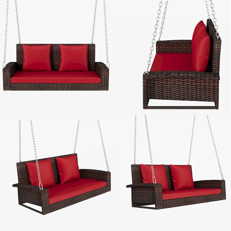 Balancelle d'extérieur 2 places en osier avec chaîne en acier et coussins - 50 cm (L) x 22,4 cm (l) x 20,5 cm (H)