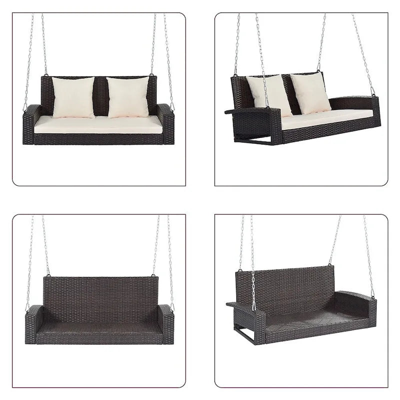 Balancelle d'extérieur 2 places en osier avec chaîne en acier et coussins - 50 cm (L) x 22,4 cm (l) x 20,5 cm (H)