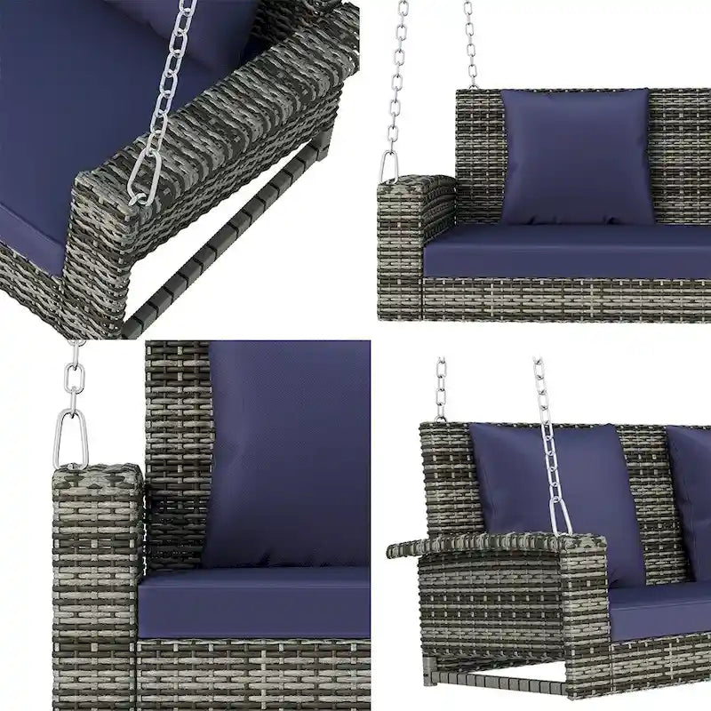 Balancelle d'extérieur 2 places en osier avec chaîne en acier et coussins - 50 cm (L) x 22,4 cm (l) x 20,5 cm (H)