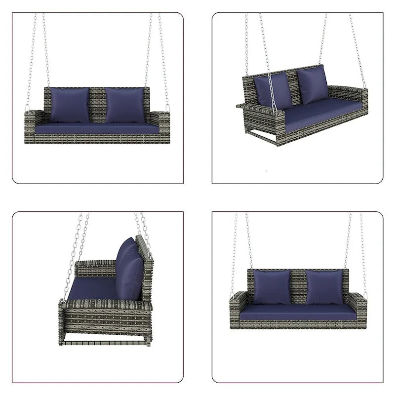 Balancelle d'extérieur 2 places en osier avec chaîne en acier et coussins - 50 cm (L) x 22,4 cm (l) x 20,5 cm (H)