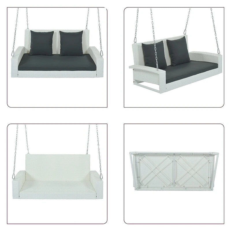 Balancelle d'extérieur 2 places en osier avec chaîne en acier et coussins - 50 cm (L) x 22,4 cm (l) x 20,5 cm (H)