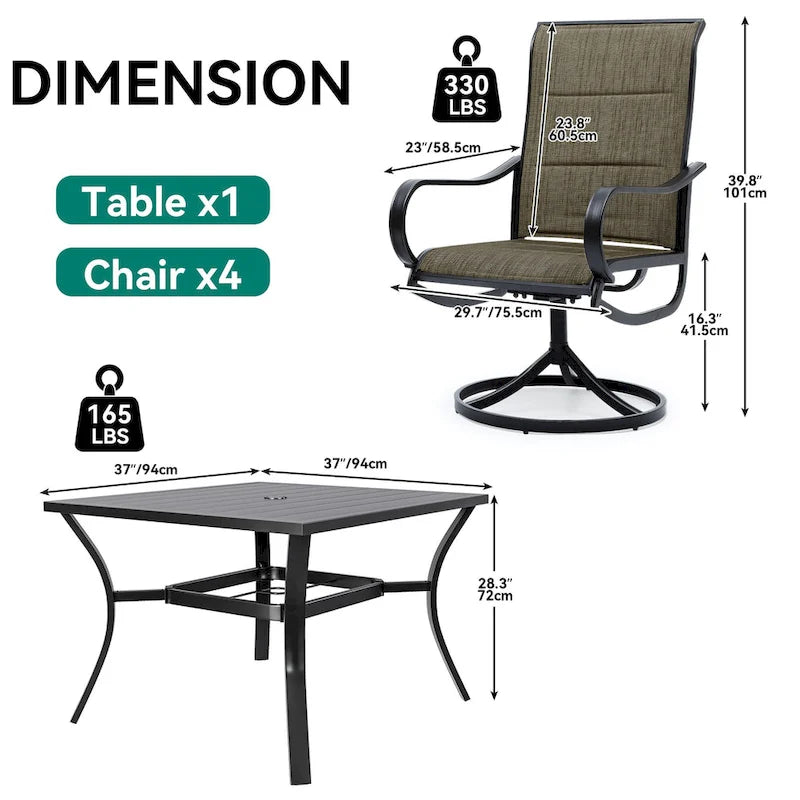 Ensemble de salle à manger pour patio avec chaises pivotantes rembourrées de 23 pouces et table