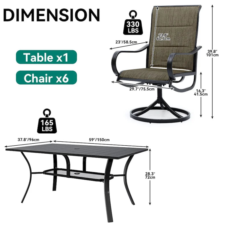 Ensemble de salle à manger pour patio avec chaises pivotantes rembourrées de 23 pouces et table