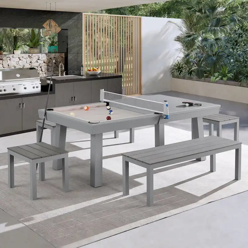 Ensemble de salle à manger d'extérieur Newport avec table de billard en ardoise de 2,13 m (7 pi), 6 places, 4 bancs et accessoires, finition ciment.