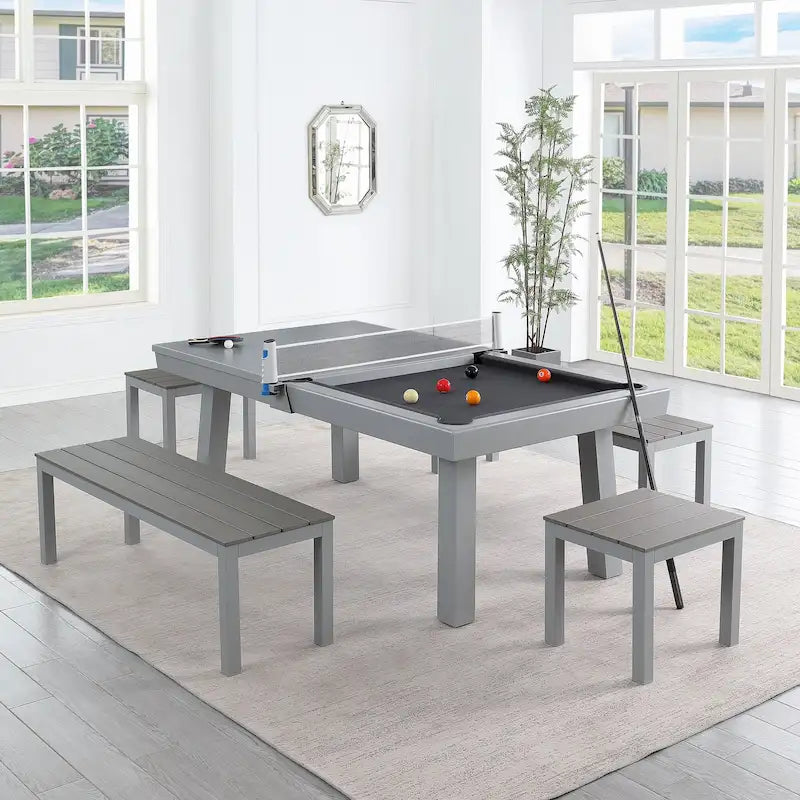 Ensemble de salle à manger d'extérieur Newport avec table de billard en ardoise de 2,13 m (7 pi), 6 places, 4 bancs et accessoires, finition ciment.