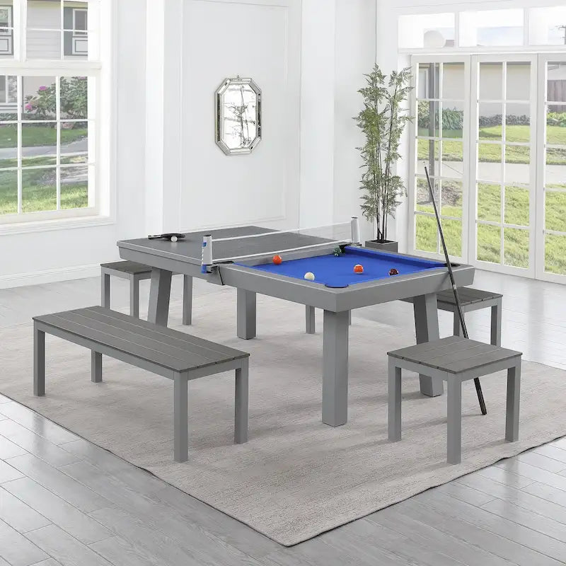 Ensemble de salle à manger d'extérieur Newport avec table de billard en ardoise de 2,13 m (7 pi), 6 places, 4 bancs et accessoires, finition ciment.