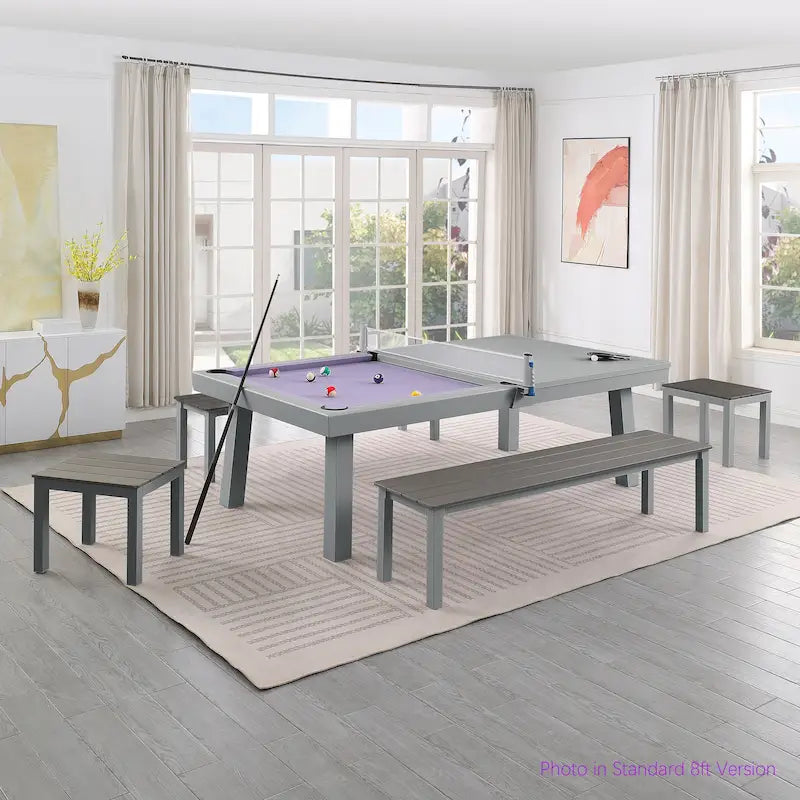 Ensemble de salle à manger d'extérieur Newport avec table de billard en ardoise de 2,13 m (7 pi), 6 places, 4 bancs et accessoires, finition ciment.