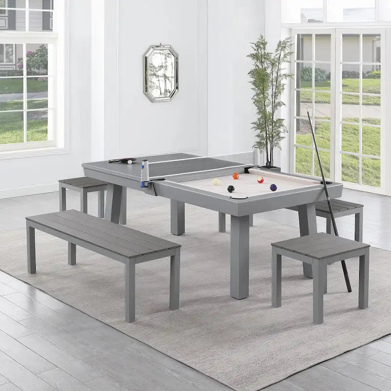 Ensemble de salle à manger d'extérieur Newport avec table de billard en ardoise de 2,13 m (7 pi), 6 places, 4 bancs et accessoires, finition ciment.