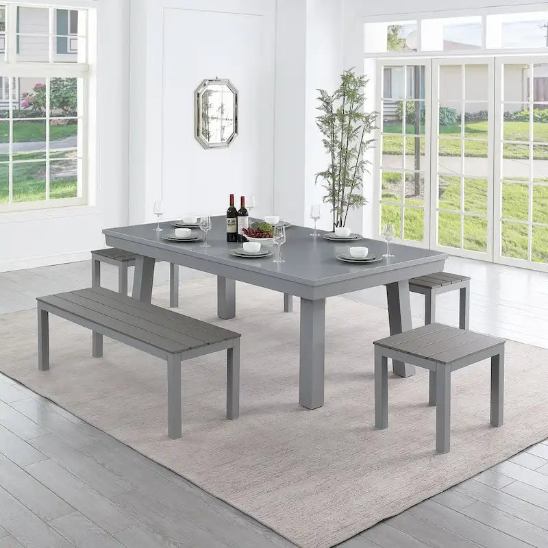Ensemble de salle à manger d'extérieur Newport avec table de billard en ardoise de 2,13 m (7 pi), 6 places, 4 bancs et accessoires, finition ciment.