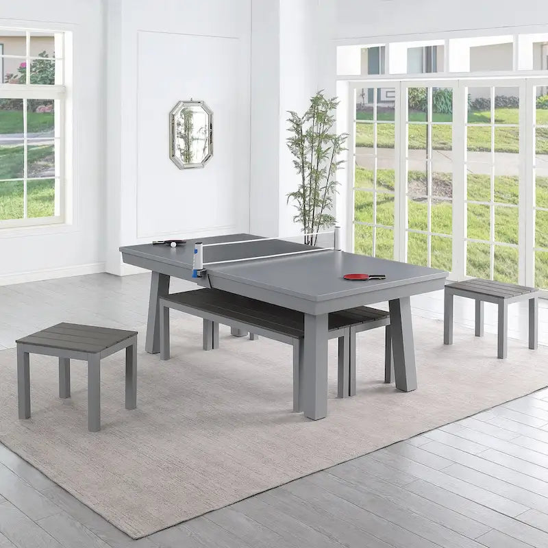Ensemble de salle à manger d'extérieur Newport avec table de billard en ardoise de 2,13 m (7 pi), 6 places, 4 bancs et accessoires, finition ciment.