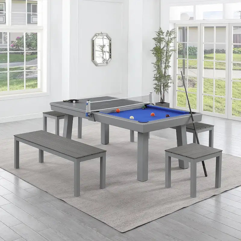 Ensemble de salle à manger d'extérieur Newport avec table de billard en ardoise de 2,13 m (7 pi), 6 places, 4 bancs et accessoires, finition ciment.