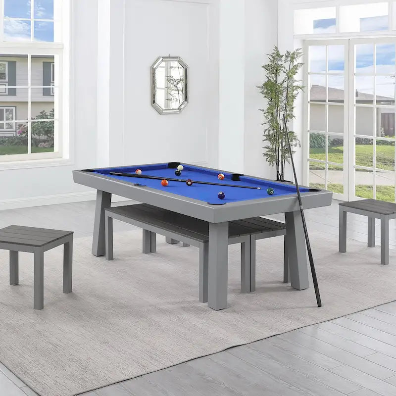 Ensemble de salle à manger d'extérieur Newport avec table de billard en ardoise de 2,13 m (7 pi), 6 places, 4 bancs et accessoires, finition ciment.