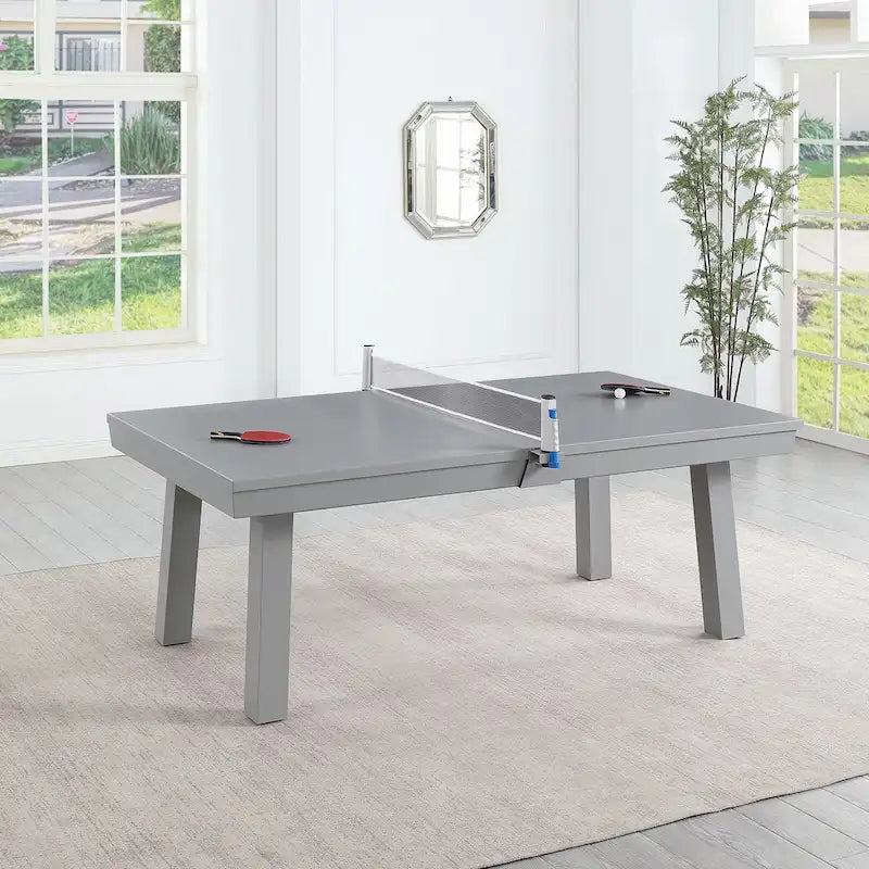 Ensemble de salle à manger d'extérieur Newport avec table de billard en ardoise de 2,13 m (7 pi), 6 places, 4 bancs et accessoires, finition ciment.