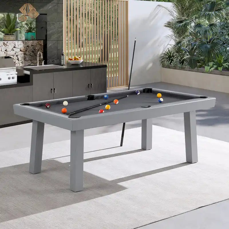 Ensemble de salle à manger d'extérieur Newport avec table de billard en ardoise de 2,13 m (7 pi), 6 places, 4 bancs et accessoires, finition ciment.