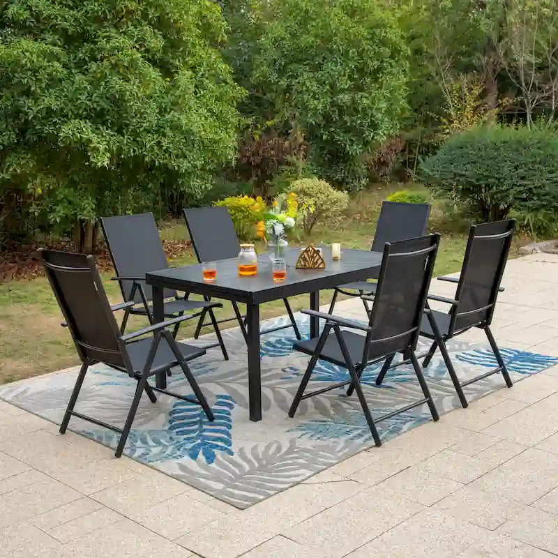 Ensemble de salle à manger d'extérieur 7 pièces, 6 chaises de salle à manger pliantes inclinables et 1 table extensible pour 6 à 8 personnes - 7 pièces