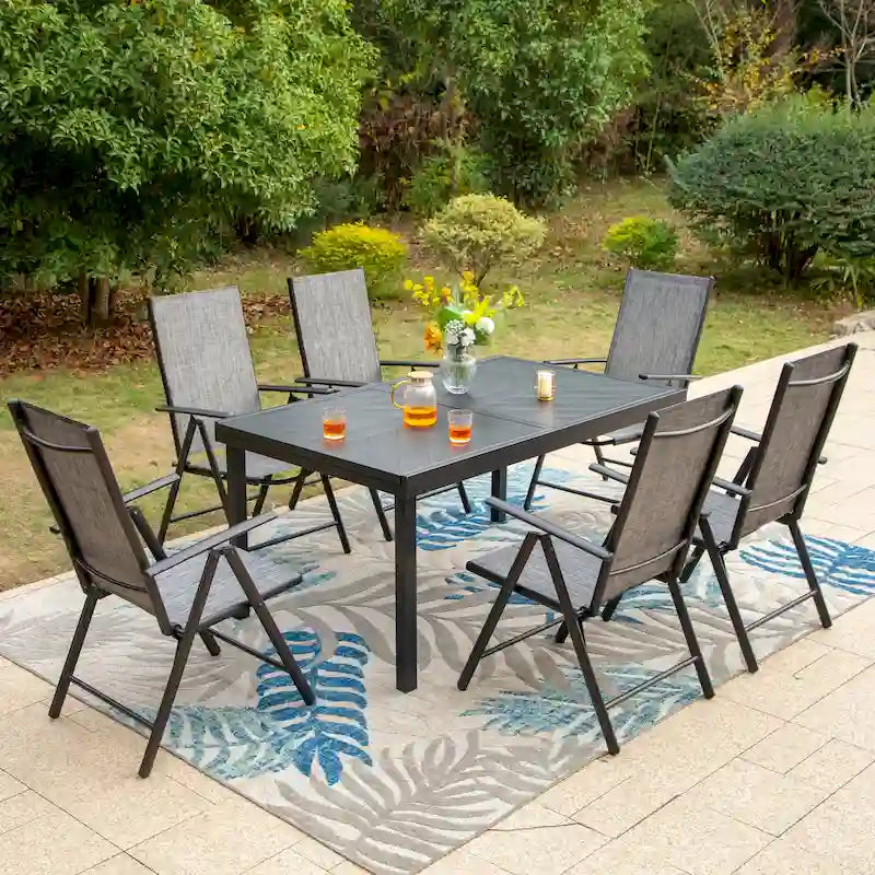 Ensemble de salle à manger d'extérieur 7 pièces, 6 chaises de salle à manger pliantes inclinables et 1 table extensible pour 6 à 8 personnes - 7 pièces
