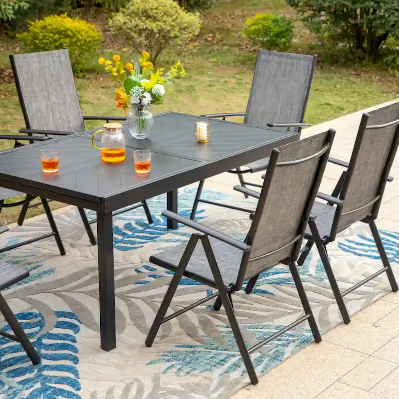 Ensemble de salle à manger d'extérieur 7 pièces, 6 chaises de salle à manger pliantes inclinables et 1 table extensible pour 6 à 8 personnes - 7 pièces