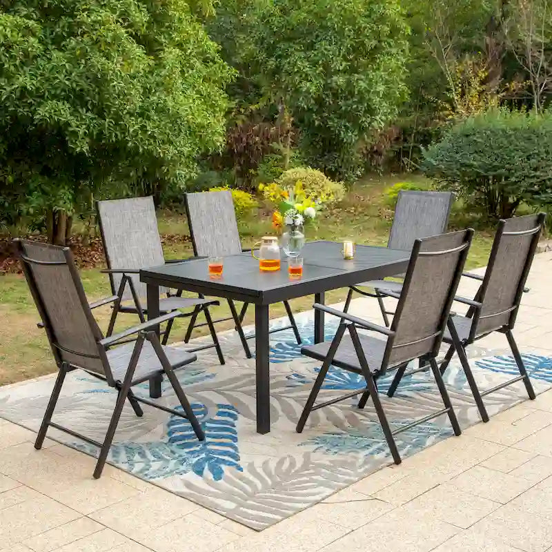 Ensemble de salle à manger d'extérieur 7 pièces, 6 chaises de salle à manger pliantes inclinables et 1 table extensible pour 6 à 8 personnes - 7 pièces