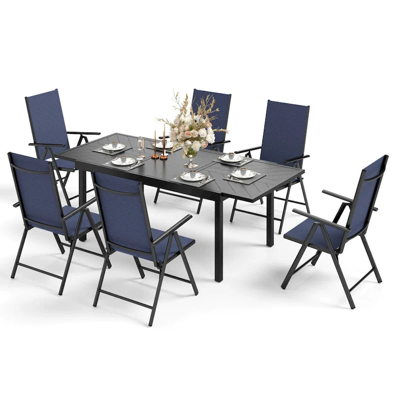 Ensemble de salle à manger d'extérieur 7 pièces, 6 chaises de salle à manger pliantes inclinables et 1 table extensible pour 6 à 8 personnes - 7 pièces