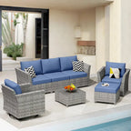 Ensemble de mobilier de jardin 7 pièces en résine tressée PE HOOOWOOO avec fauteuil à bascule pivotant
