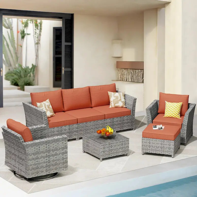 Ensemble de mobilier de jardin 7 pièces en résine tressée PE HOOOWOOO avec fauteuil à bascule pivotant