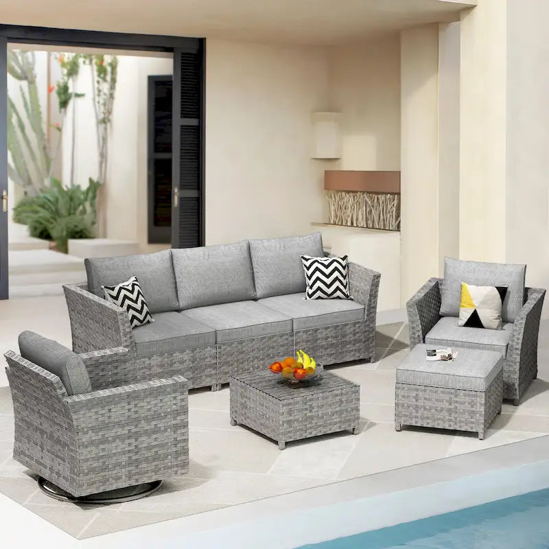 Ensemble de mobilier de jardin 7 pièces en résine tressée PE HOOOWOOO avec fauteuil à bascule pivotant
