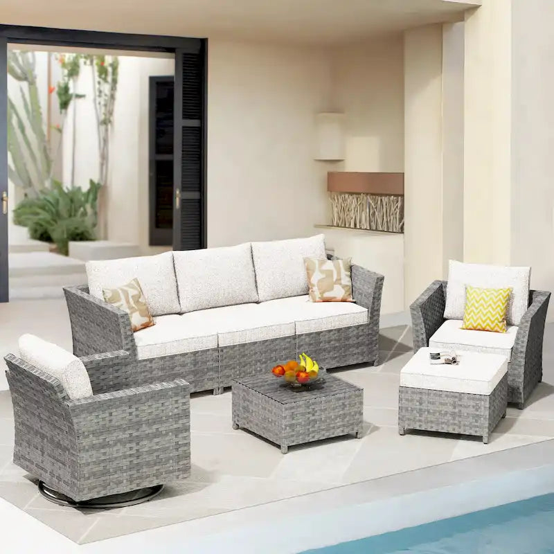 Ensemble de mobilier de jardin 7 pièces en résine tressée PE HOOOWOOO avec fauteuil à bascule pivotant