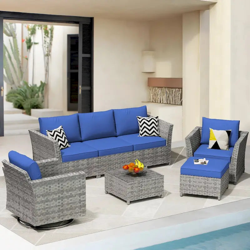Ensemble de mobilier de jardin 7 pièces en résine tressée PE HOOOWOOO avec fauteuil à bascule pivotant