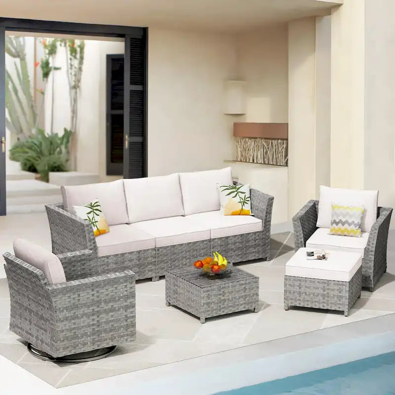 Ensemble de mobilier de jardin 7 pièces en résine tressée PE HOOOWOOO avec fauteuil à bascule pivotant