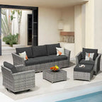 Ensemble de mobilier de jardin 7 pièces en résine tressée PE HOOOWOOO avec fauteuil à bascule pivotant
